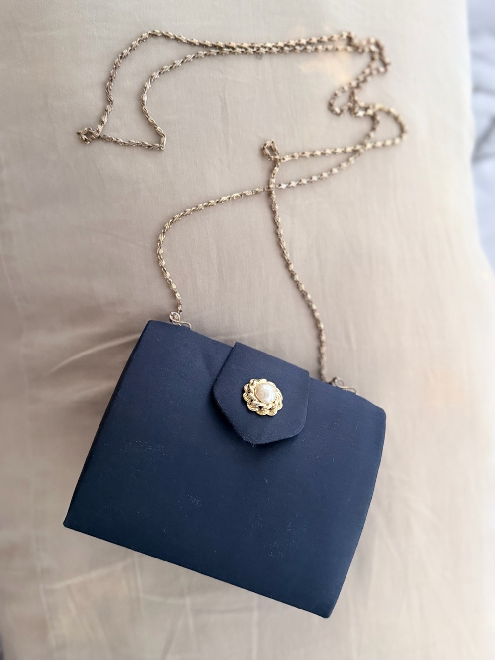 NWOT vintage Neiman Marcus navy blue satin evening clutch bag